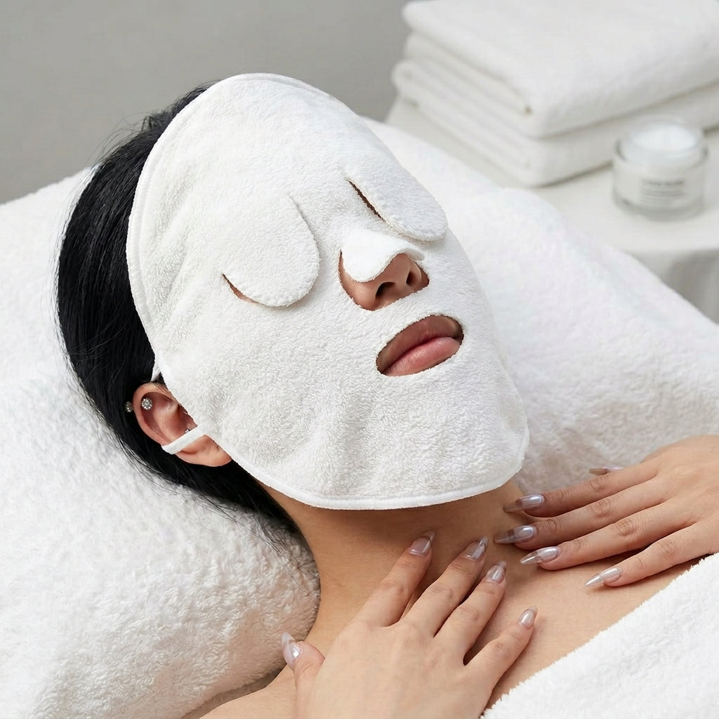 Woman relaxing at a spa with the Soma cotton facial hot compress draped warm over her face