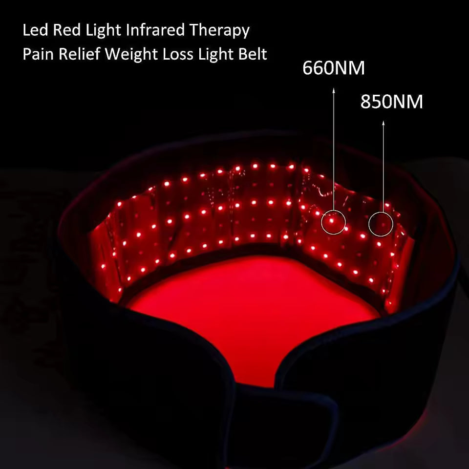 Soma red light therapy waist belt lit up with glowing 660nm and 850nm red and infrared LEDs