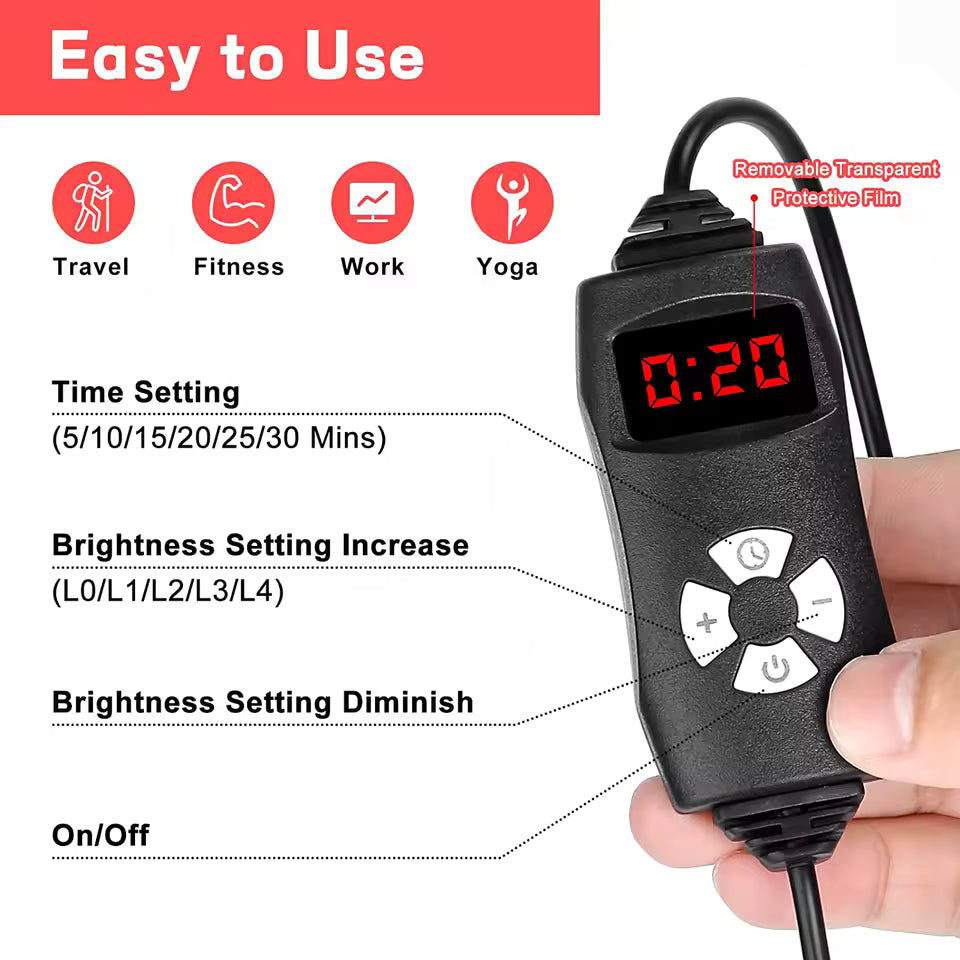 Close-up of the Soma red light therapy belt's digital controller showing the timer and brightness settings