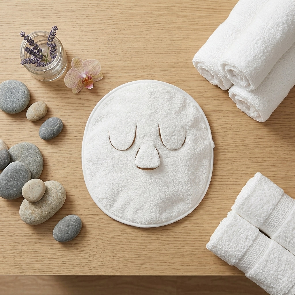 Soma cotton facial hot compress towel laid on a wooden spa table with massage stones, lavender and an orchid